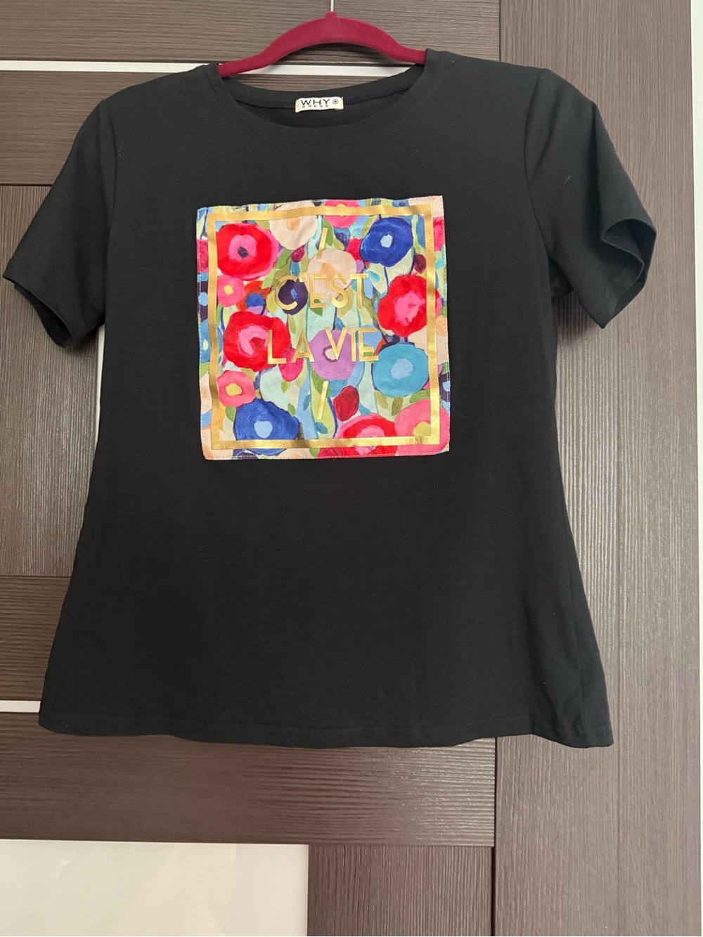 WHY Black Tee with Colorful Floral Patch